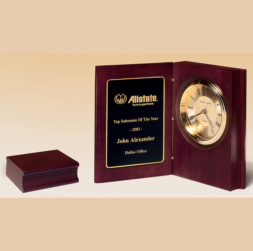 large book plaque with clock with mahogany finish with standard engraving