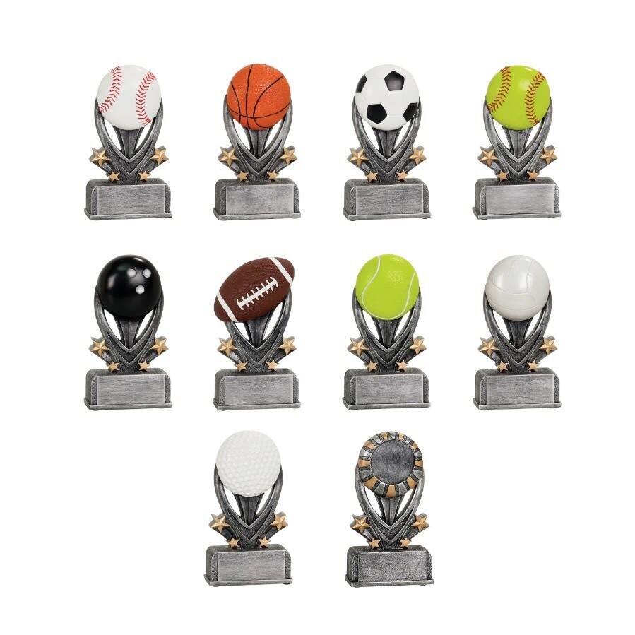 Colorful Sport Resin Trophies in 2 Sizes and 10 Sports