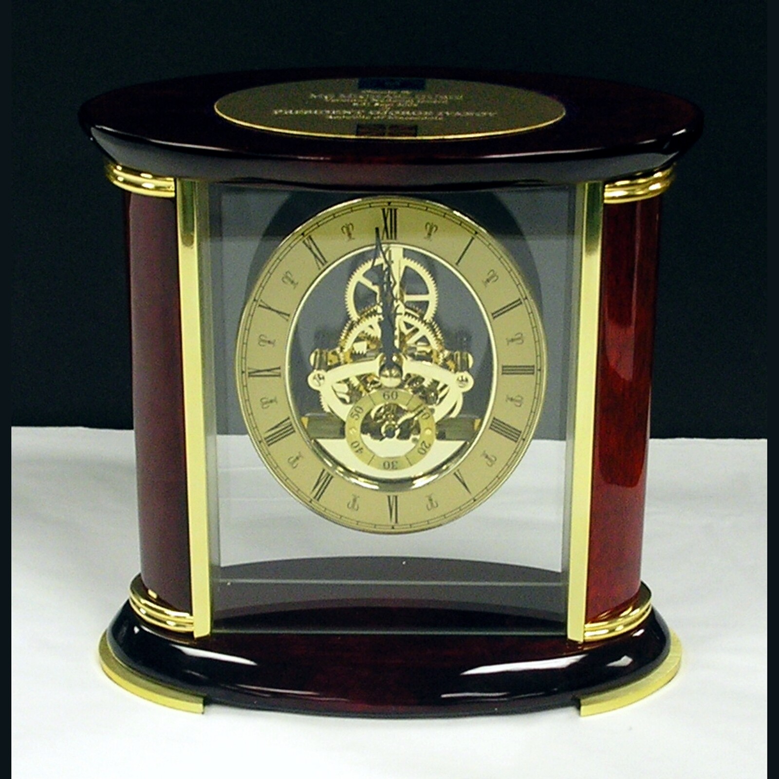 rosewood piano finish glass skeleton clock with standard engraving