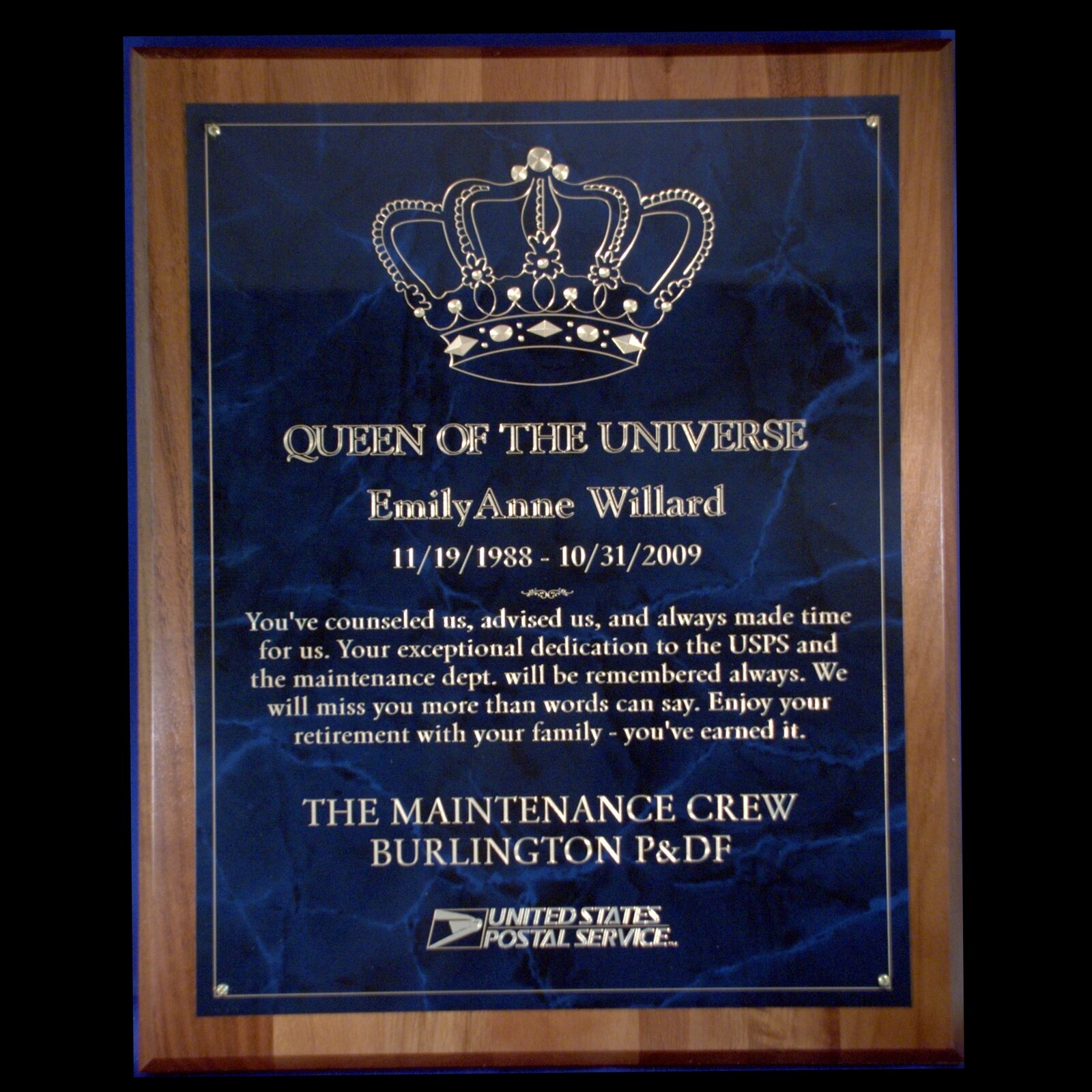 Walnut Award Plaque with Blue Marbled Brass Plate In 7 Sizes
