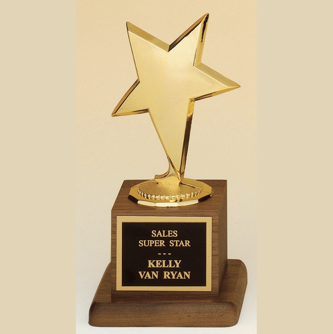 gold star figure on solid american walnut finish base trophy with standard engraving