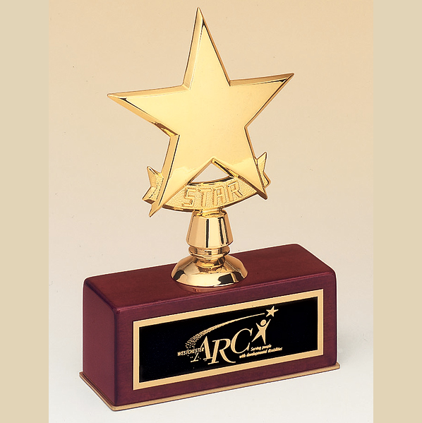 gold star trophy on rosewood piano finish base with standard engraving
