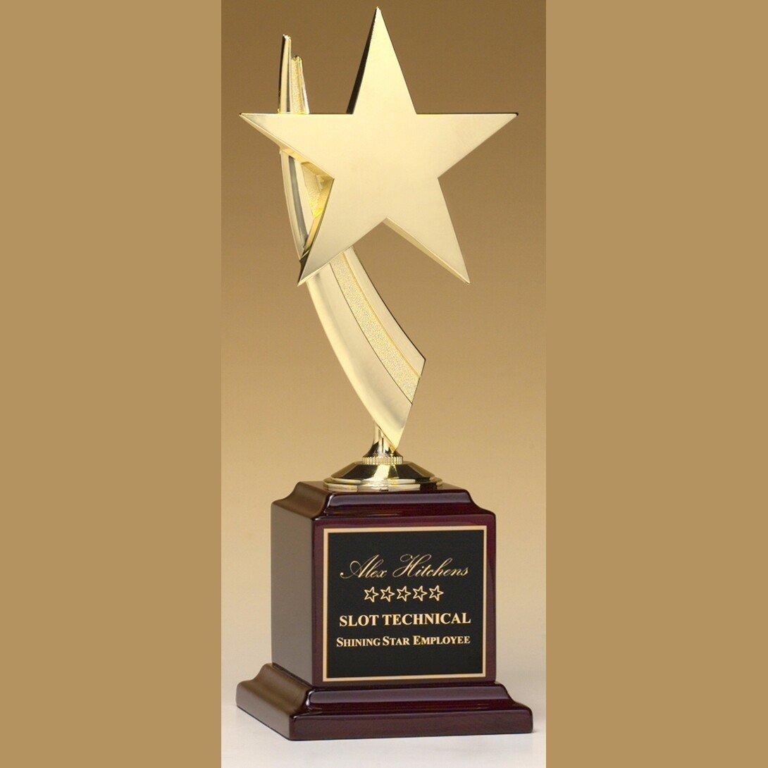 gold star trophy on rosewood piano finish base with standard engraving