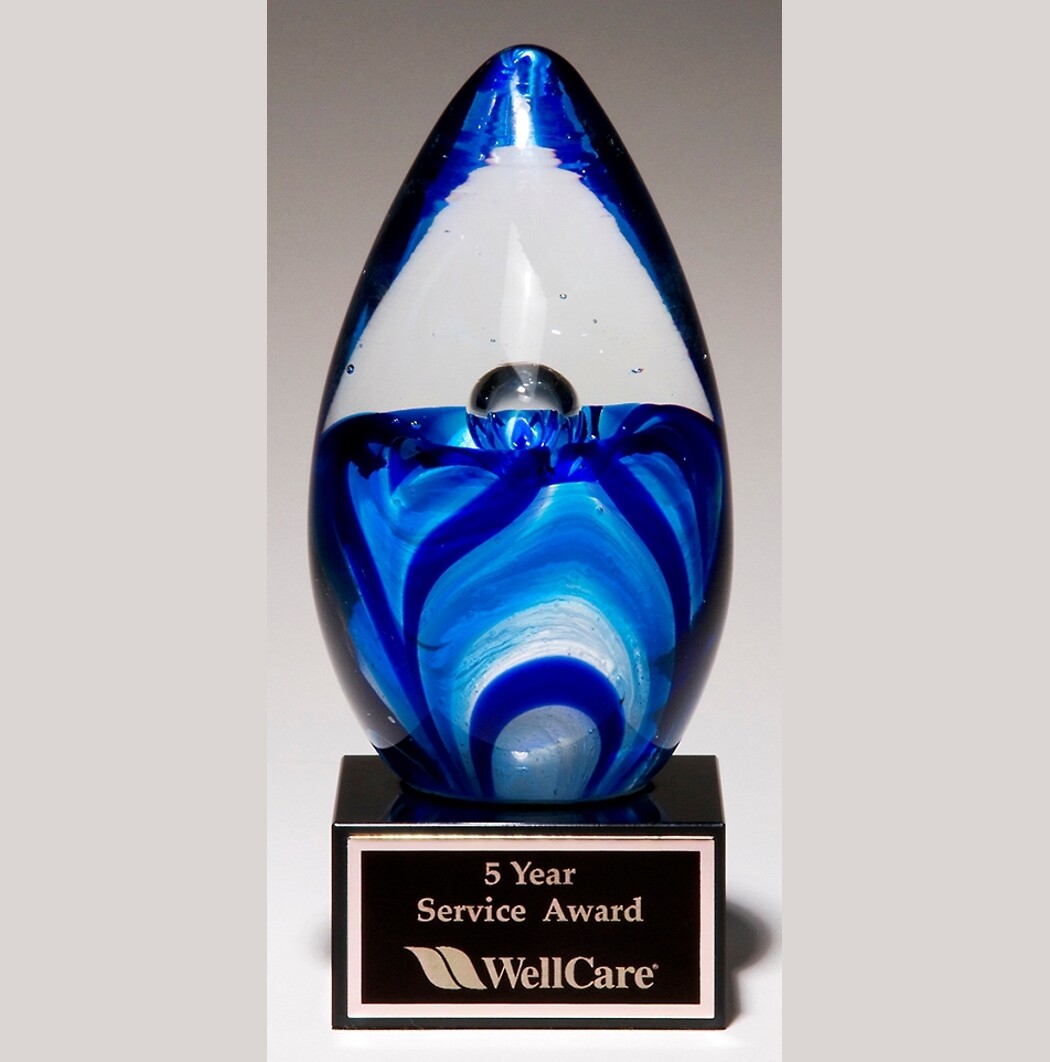 art glass egg shaped award with standard engraving