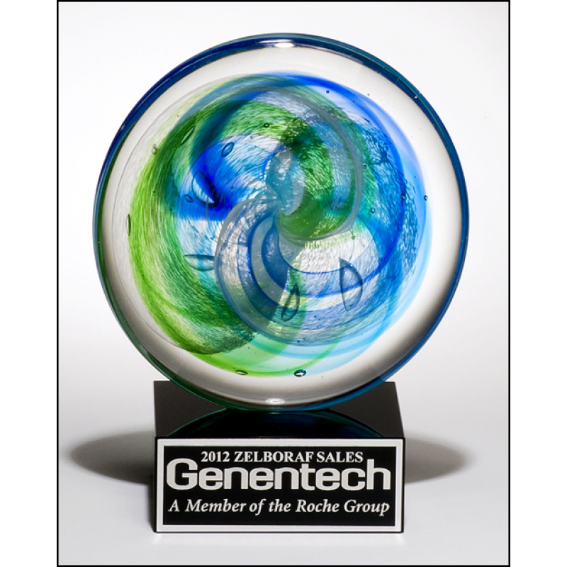 Clouds of Blue and Green Art Glass Disk
