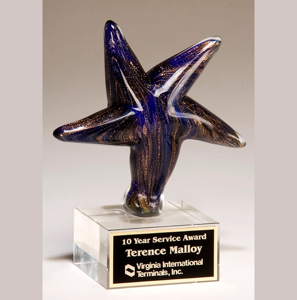 art glass star with cobalt and gold on clear base with standard engraving