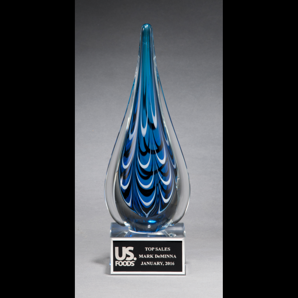 Blue Teardrop Art Glass Piece on Base