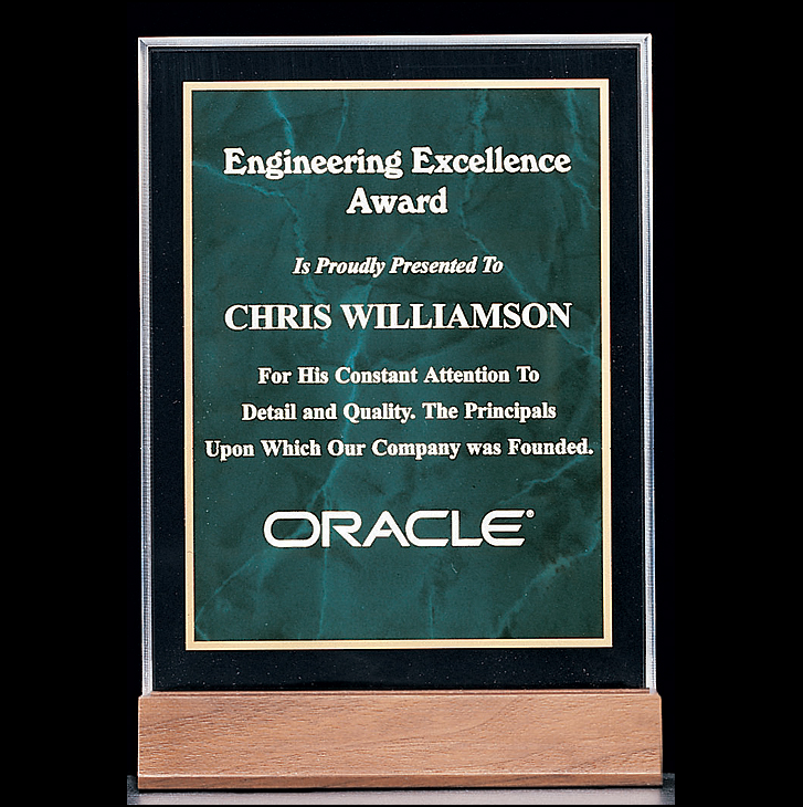 clear acrylic with green marbelized background 6 x 8.625 award with standard engraving