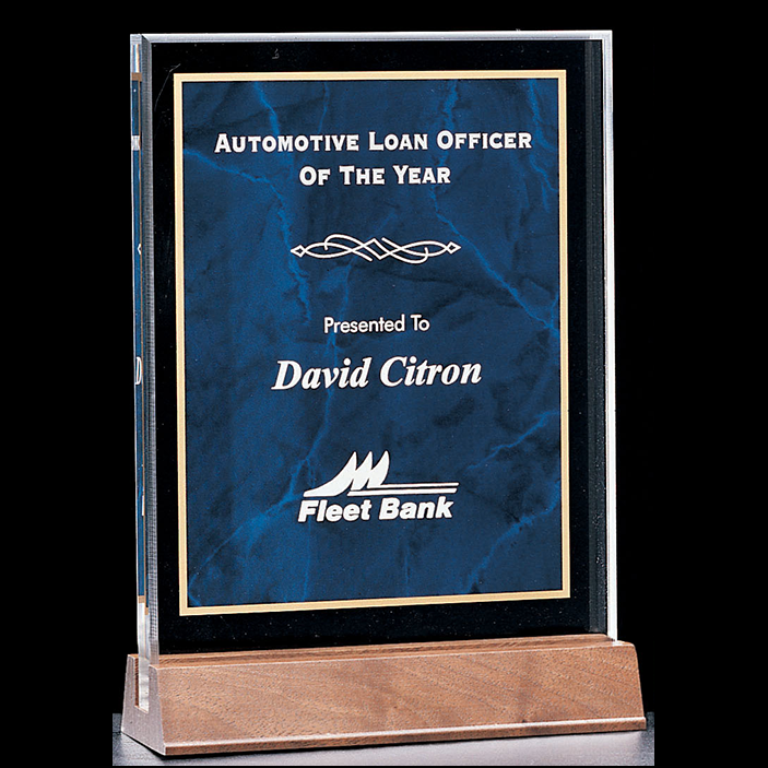 clear acrylic with blue marbelized background 5 x 7.625 award with standard engraving