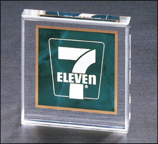 clear acrylic square paperweight with green marblized background award with standard engraving