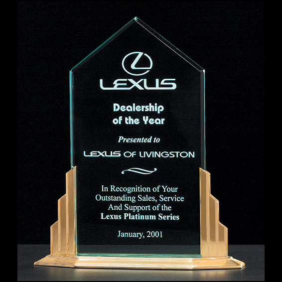 jade acrylic peak award with metal accents with standard engraving