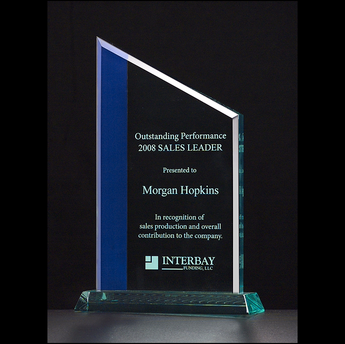 slanted acrylic award with blue accent
