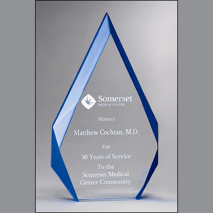 acrylic with blue accented sides 4.25 x 8.875 award with standard engraving