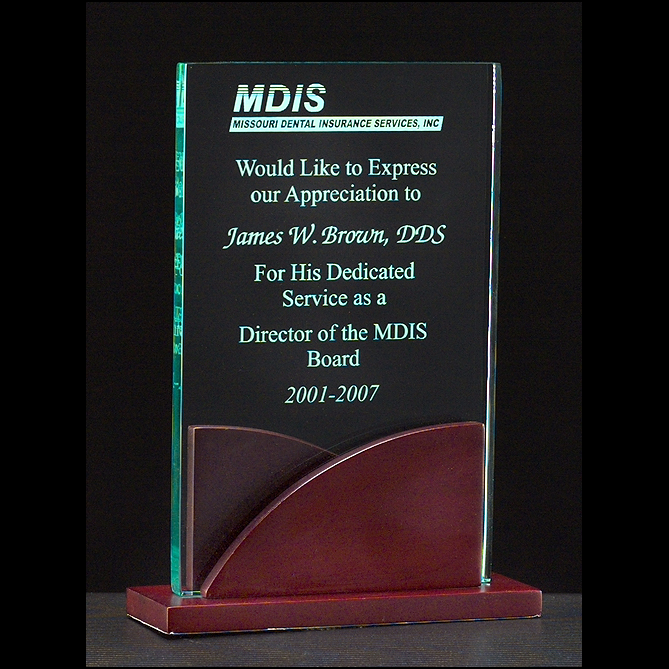 jade acrylic with mahogany finish base award with standard engraving