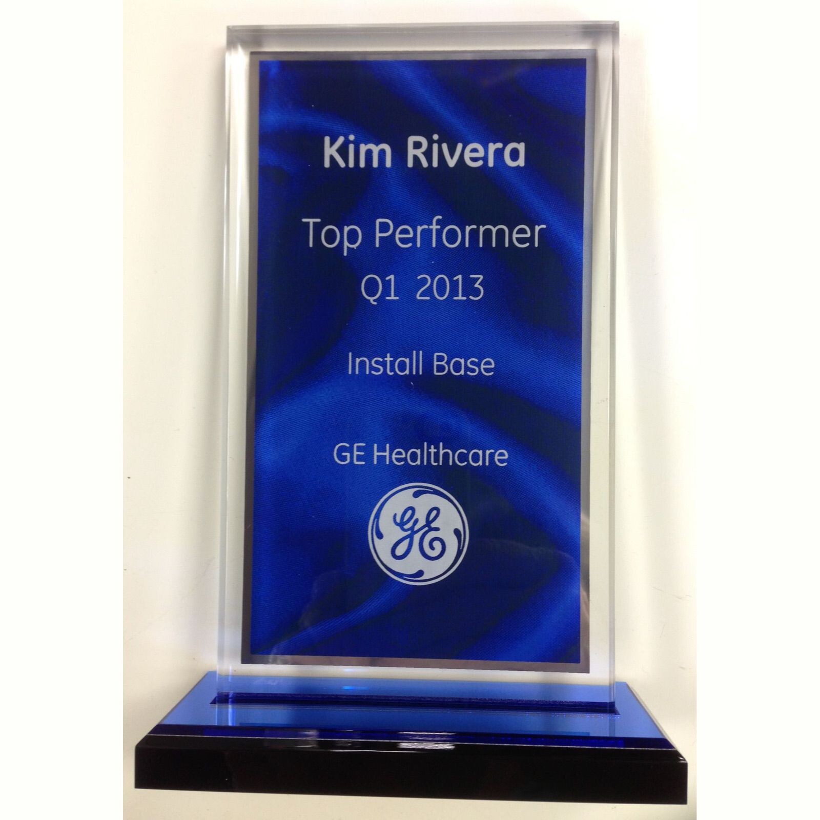acrylic with dark blue satin pattern with silver mirror border in 3 sizes 5 x 6.5 award with standard engraving