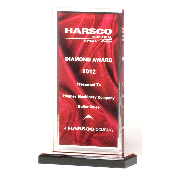 acrylic with dark red satin drape pattern in 3 sizes 5 x 6.5 award with standard engraving