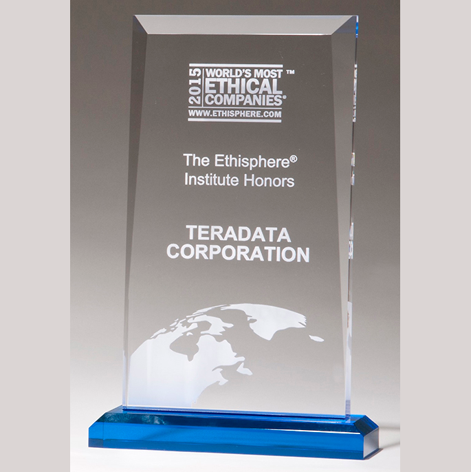 acrylic clear rectangular award with blue base 5 x 7.75 with standard engraving
