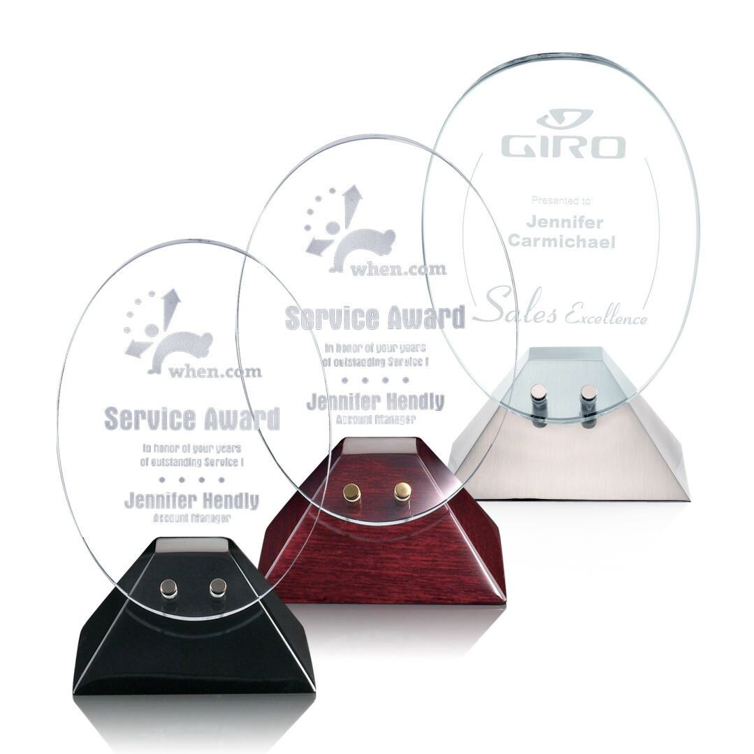 Arced, Concave Crystal Award With Rosewood or Black Base