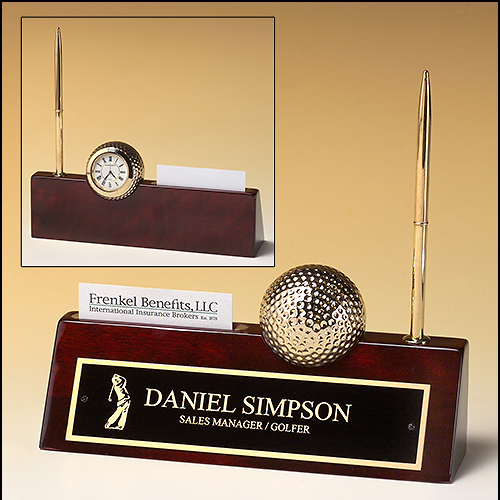 Golf Motif Desk Gift with Clock, Pen, Name Plate and Card Holder