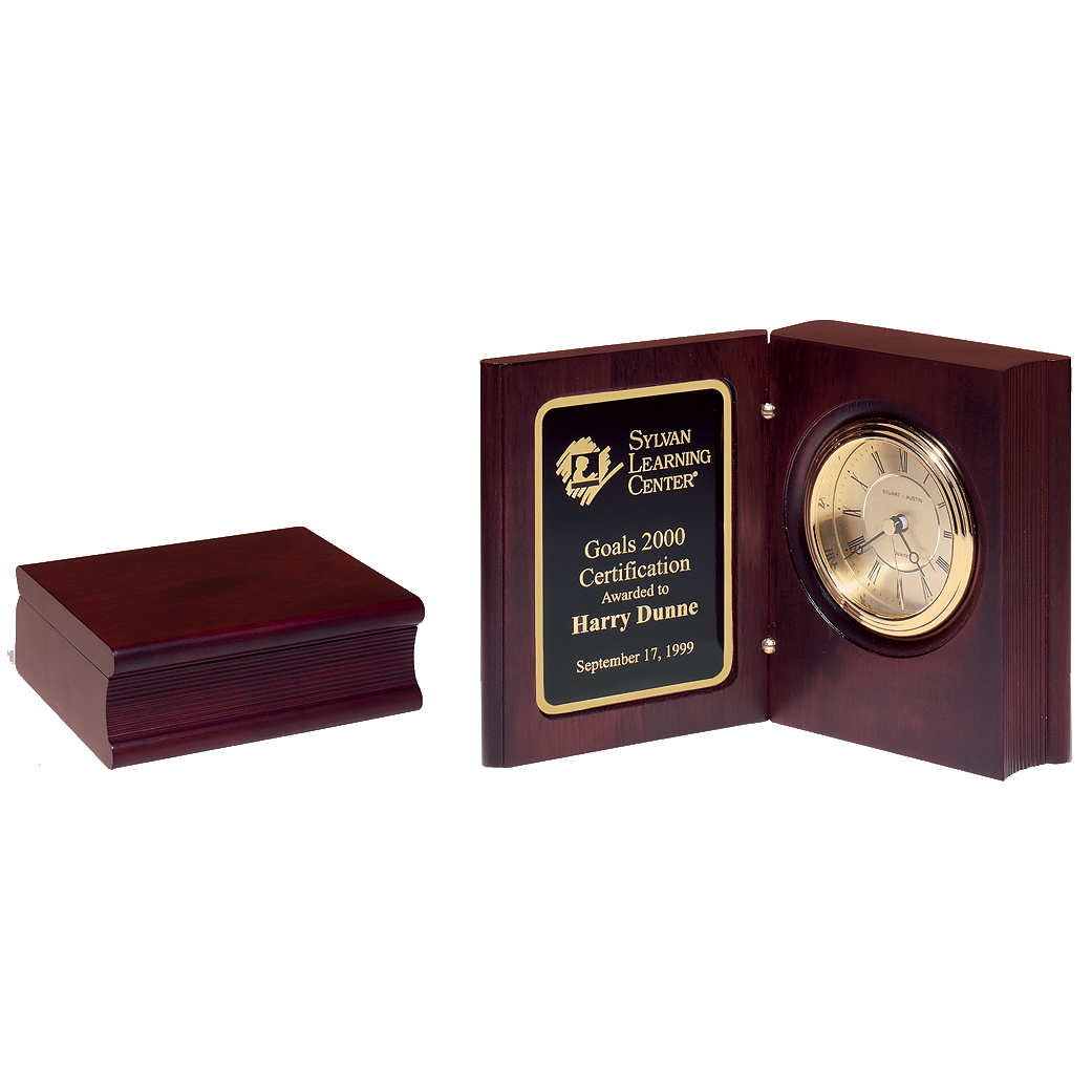 book clock with mahogany finish with standard engraving