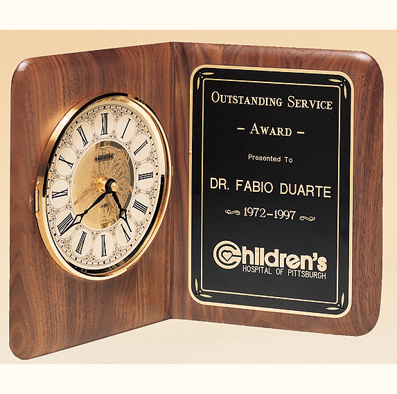 american walnut book award standing clock plaque with standard engraving