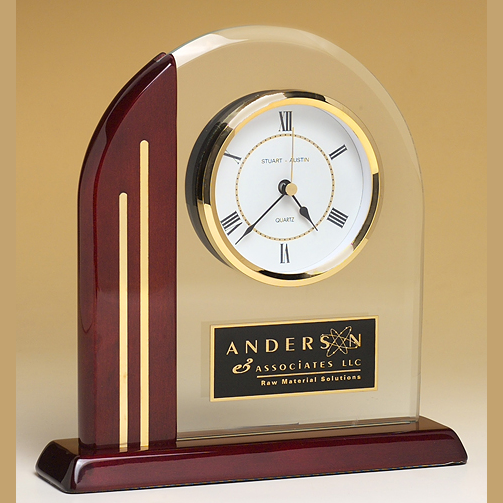 glass piano-finished wood clock with metal accents with standard engraving