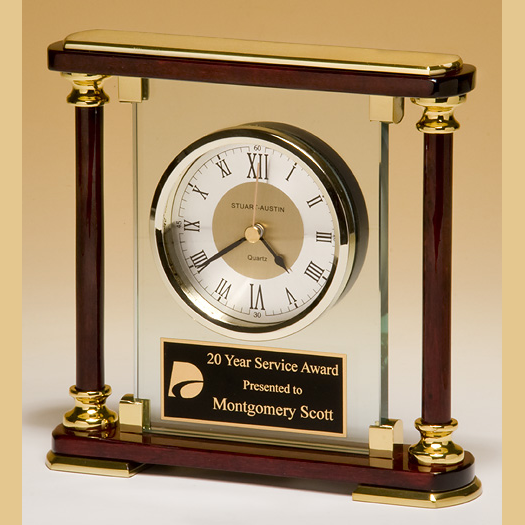 glass and rosewood piano-finish clock with gold metal accents with standard engraving