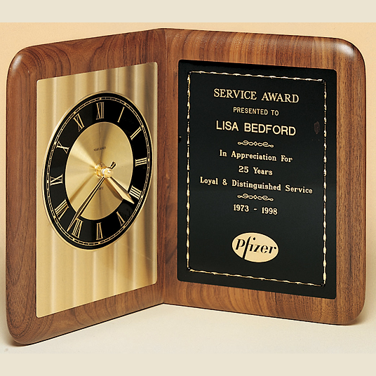american walnut book award standing clock plaque with standard engraving