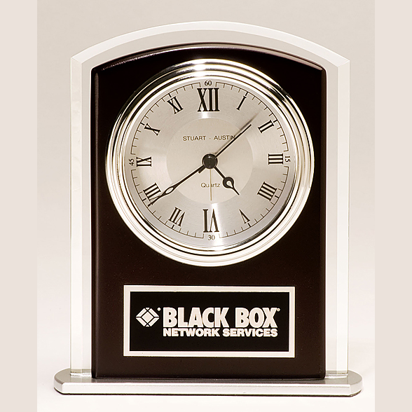 beveled glass clock with wood accent with standard engraving