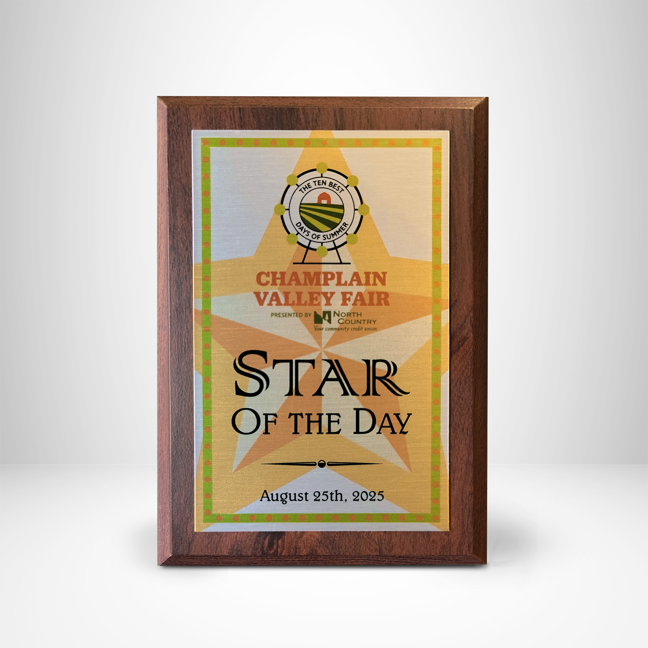 Cherry vinyl plaque with gold plate and colorful logo for Unsung hero award