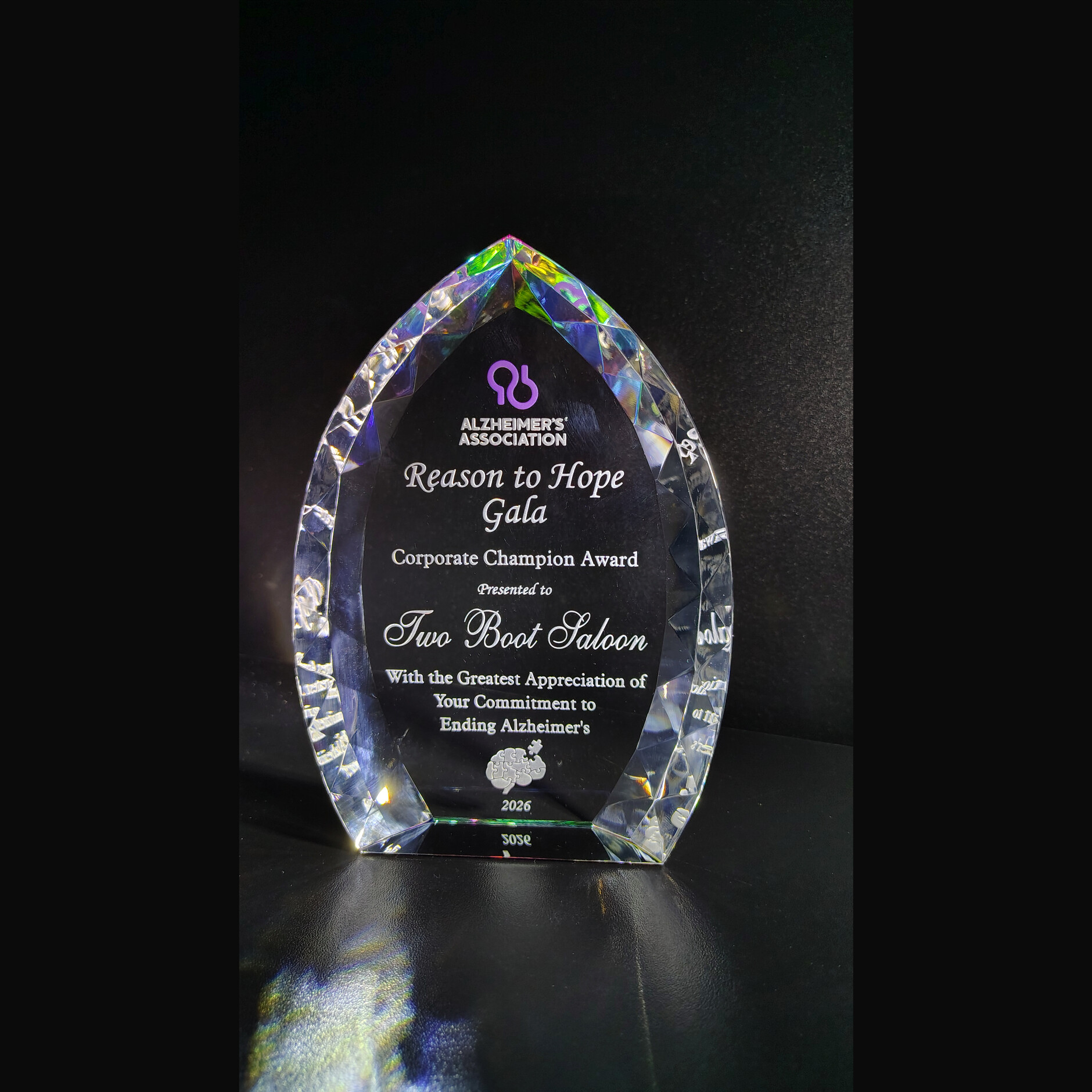 Prism effect tear-drop crystal piece engraved to Alzheimer's Assoc.
