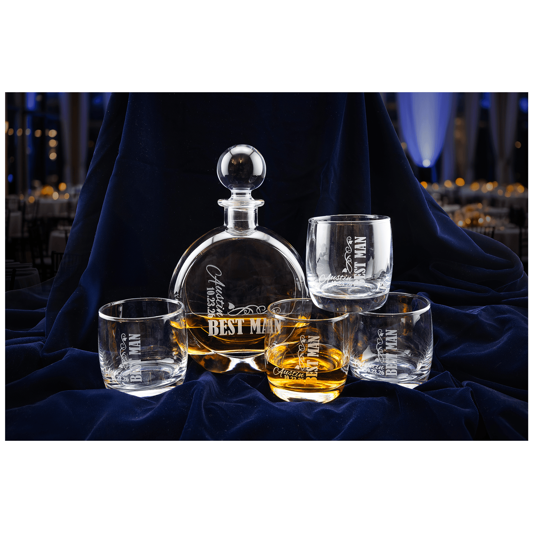 flat, round decanter set with 4 rocks glasses