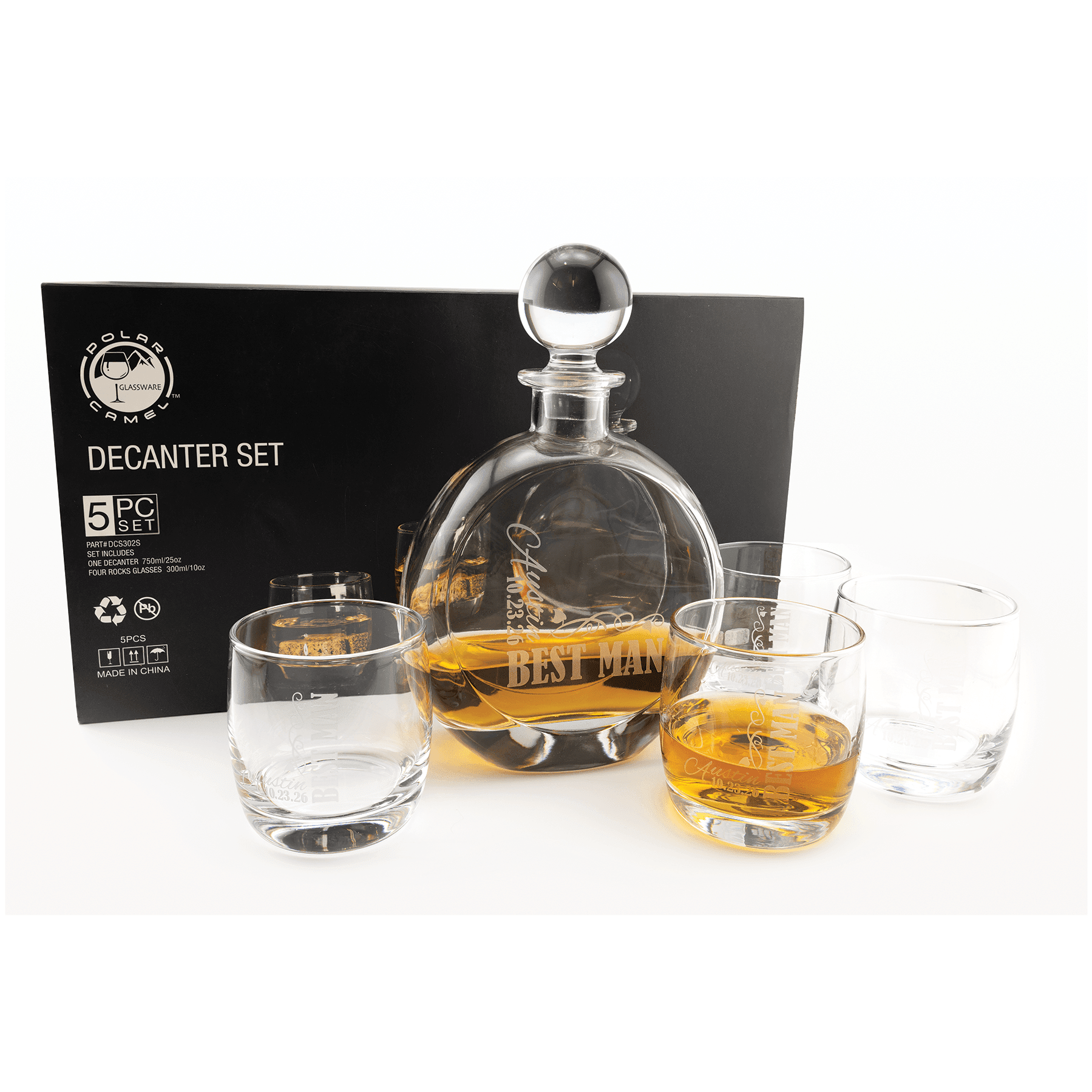 Round Flat 750ml Glass Decanter with 4 10oz Rocks Glasses