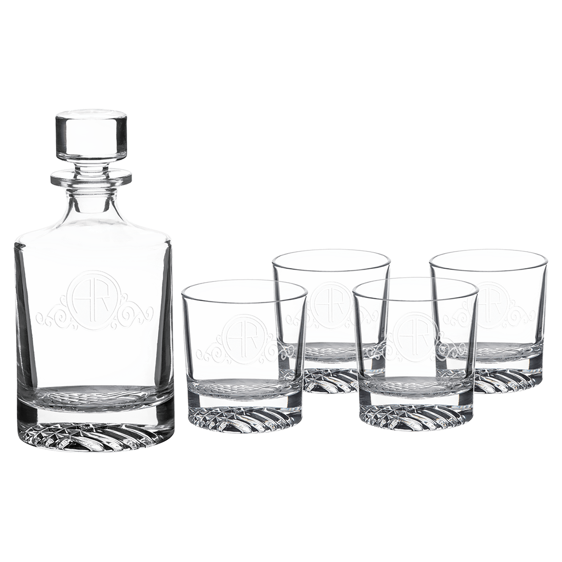 Round whiskey decanter with round stopper and 4 rocks glasses