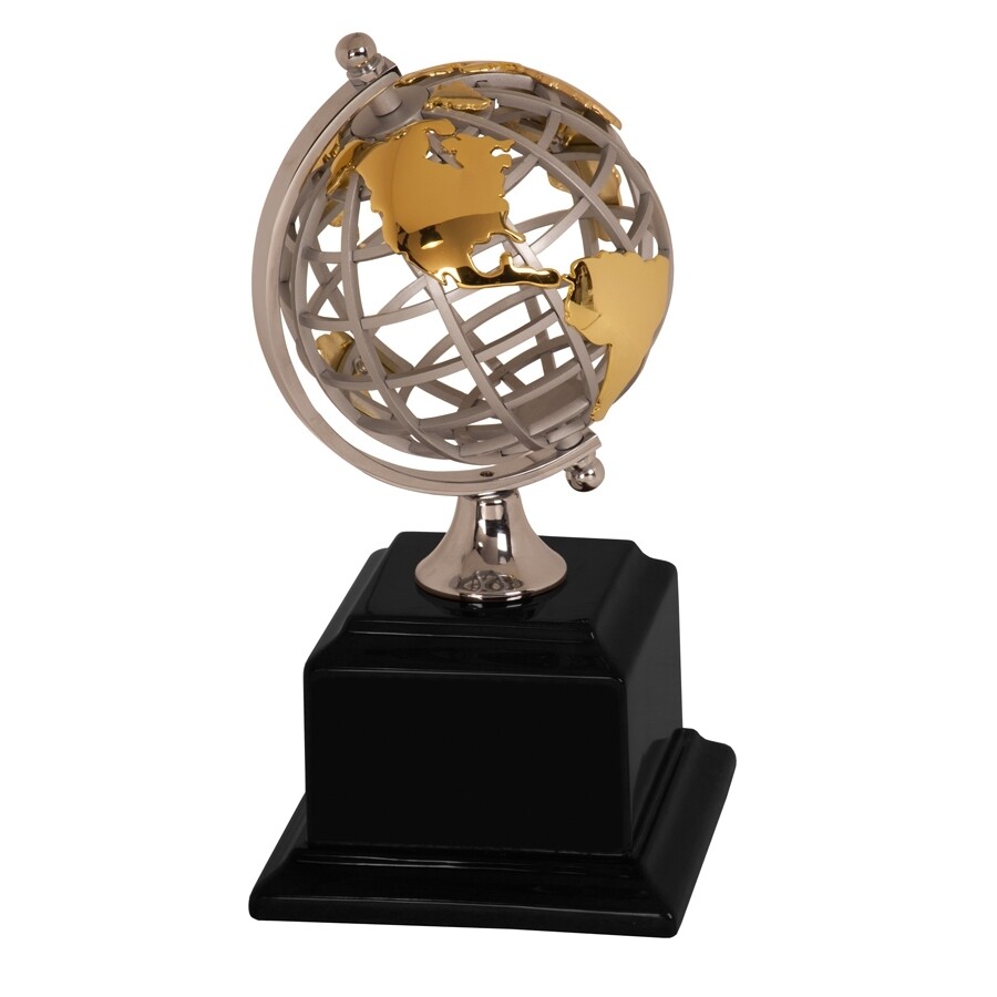 spinning metal globe on wood base