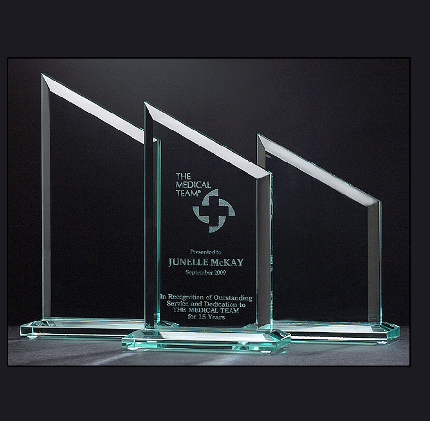 jade slanted top glass award 4.75 x 6.5 with special engraving