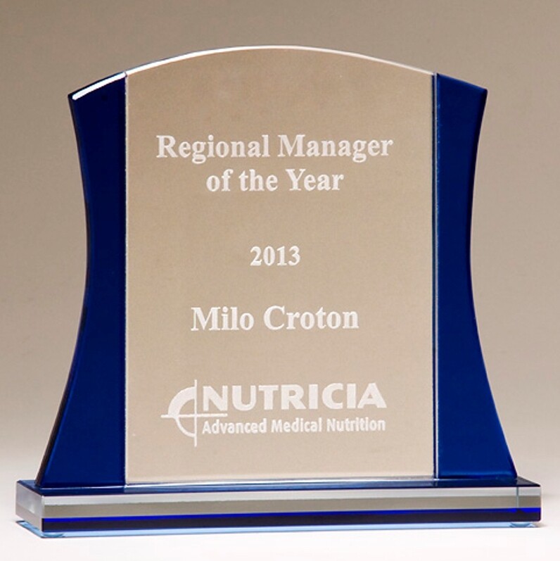 glass award with blue accent 6.875 x 7.5 with special engraving