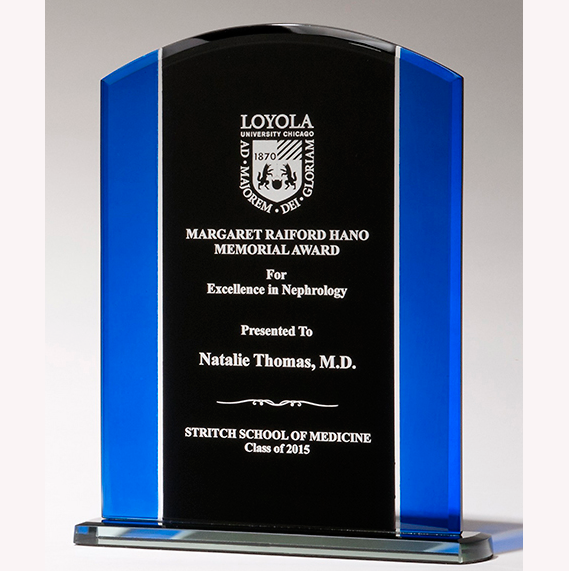 blue and black glass award 5.625 x 7.25 with special engraving