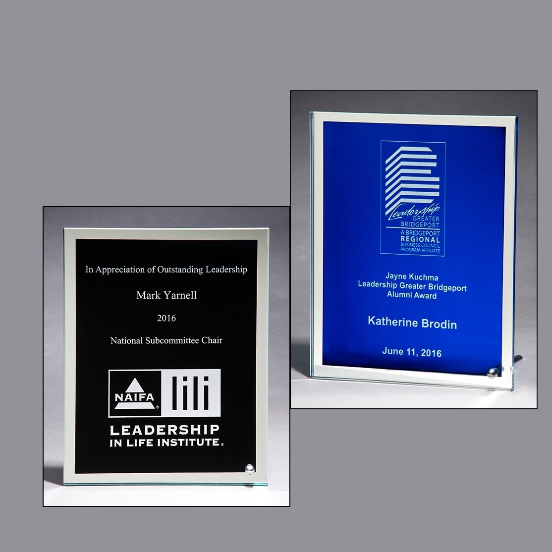 Glass Plaque With Blue Silk-screened Center And Mirror Border In 3 Sizes