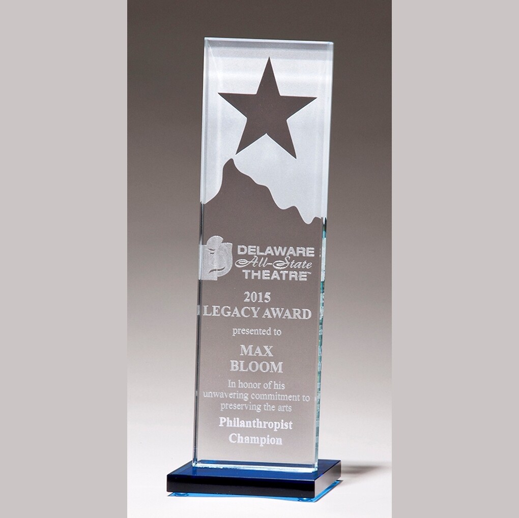 glass award with star and etched mountain peak with special engraving