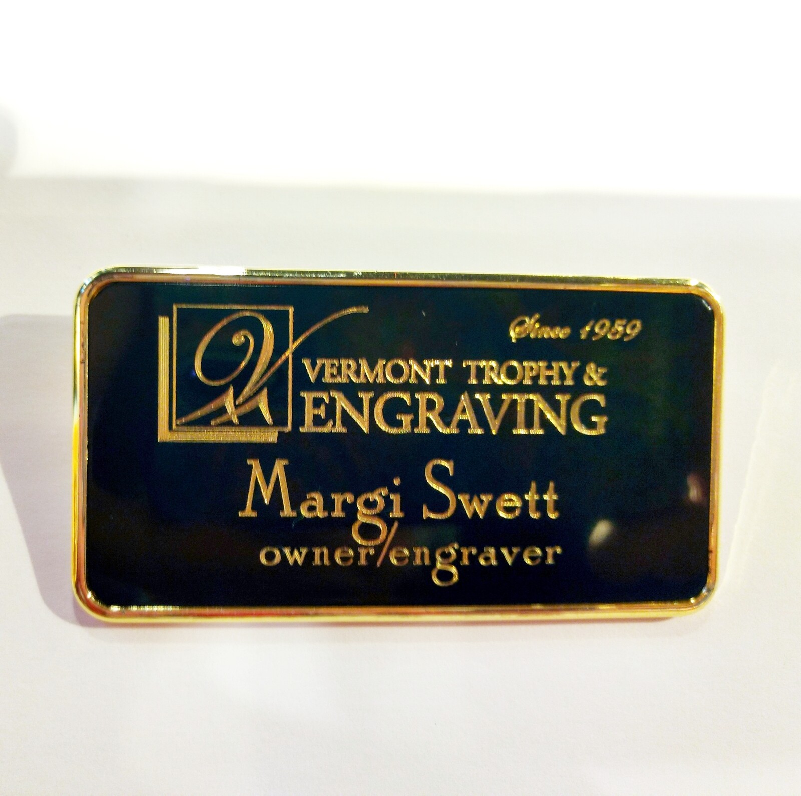 Engraved Black Brass Name Pin in Gold Frame