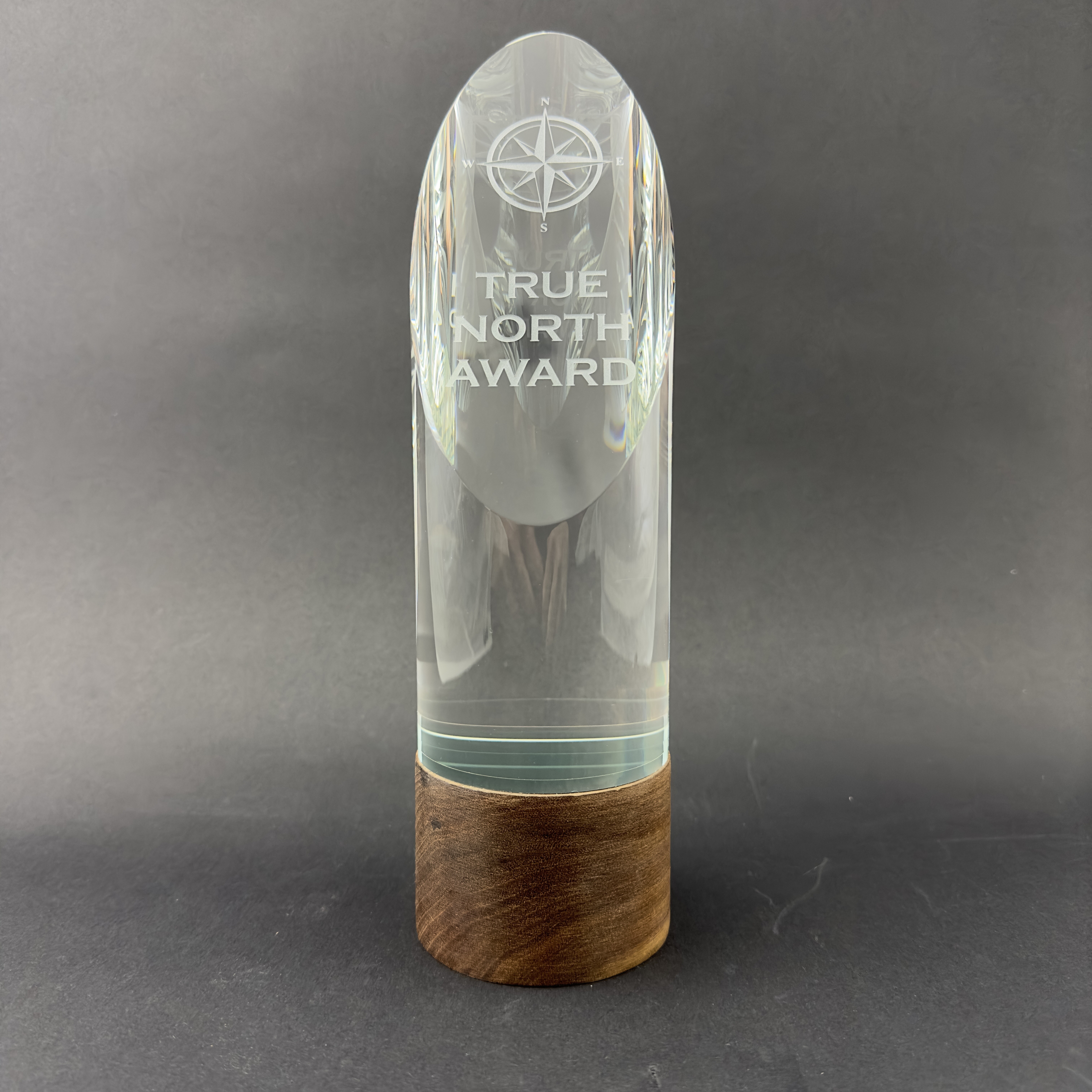 Angled Glass Cylinder Award on Walnut Base in 2 Sizes