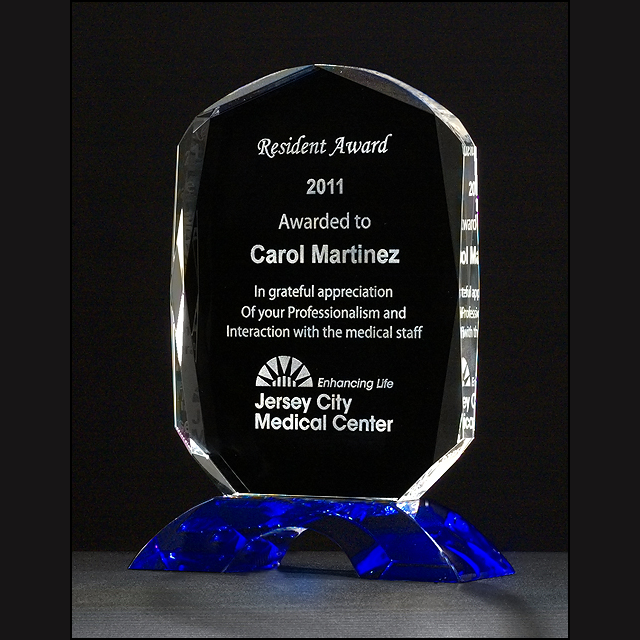 optical crystal award with cobalt base with special engraving