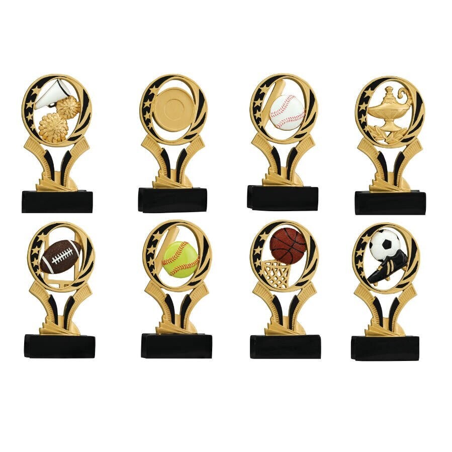 Gold and Black Plastic Trophies in 8 Styles and 2 Sizes