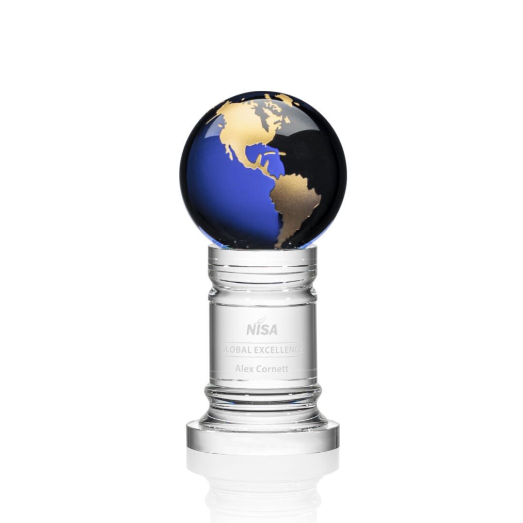 Blue Optical Crystal Globe on Pedestal