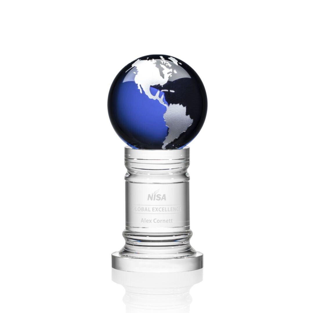 Blue Optical Crystal Globe on Pedestal