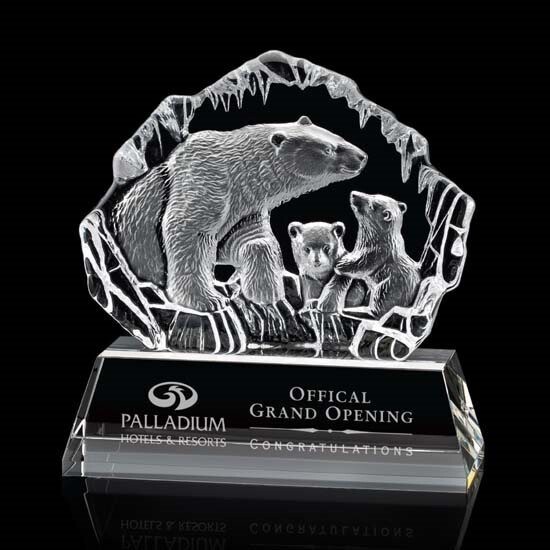 Mama Bear and Cubs carved in optical crystal on base