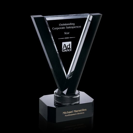 Optical Crystal V-shaped Award With Black Base In 3 Sizes