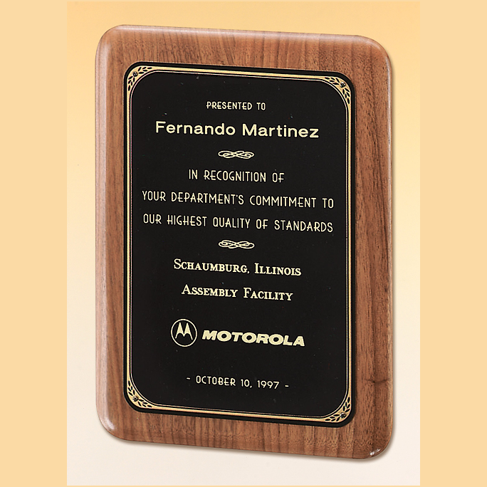 american walnut wall plaque rounded corners with black plate 10.5 x 13 with standard engraving