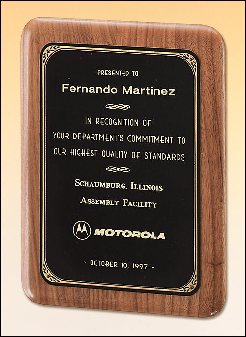 american walnut wall plaque rounded corners with black plate 8 x 10.5 with standard engraving
